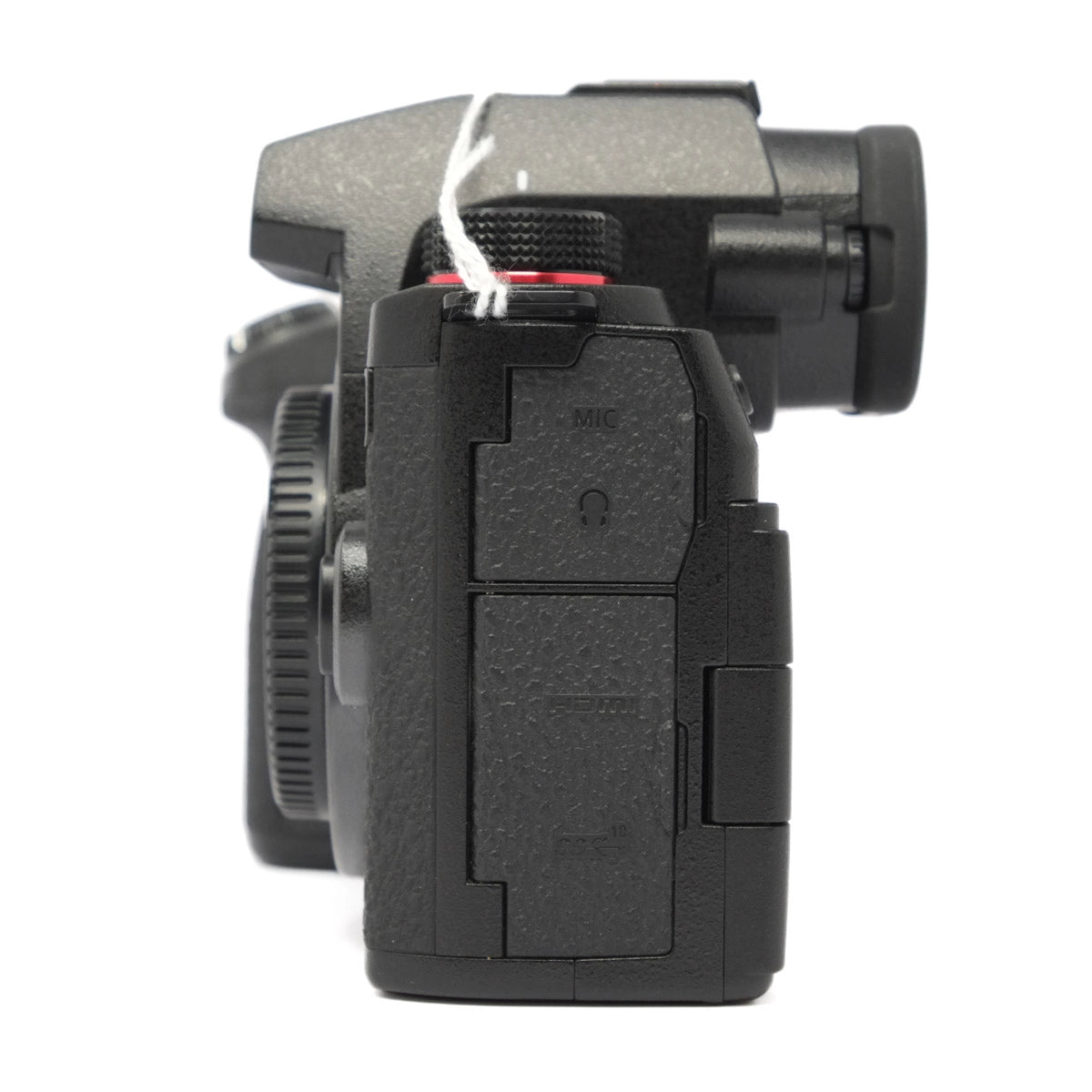Black camera body with a white background