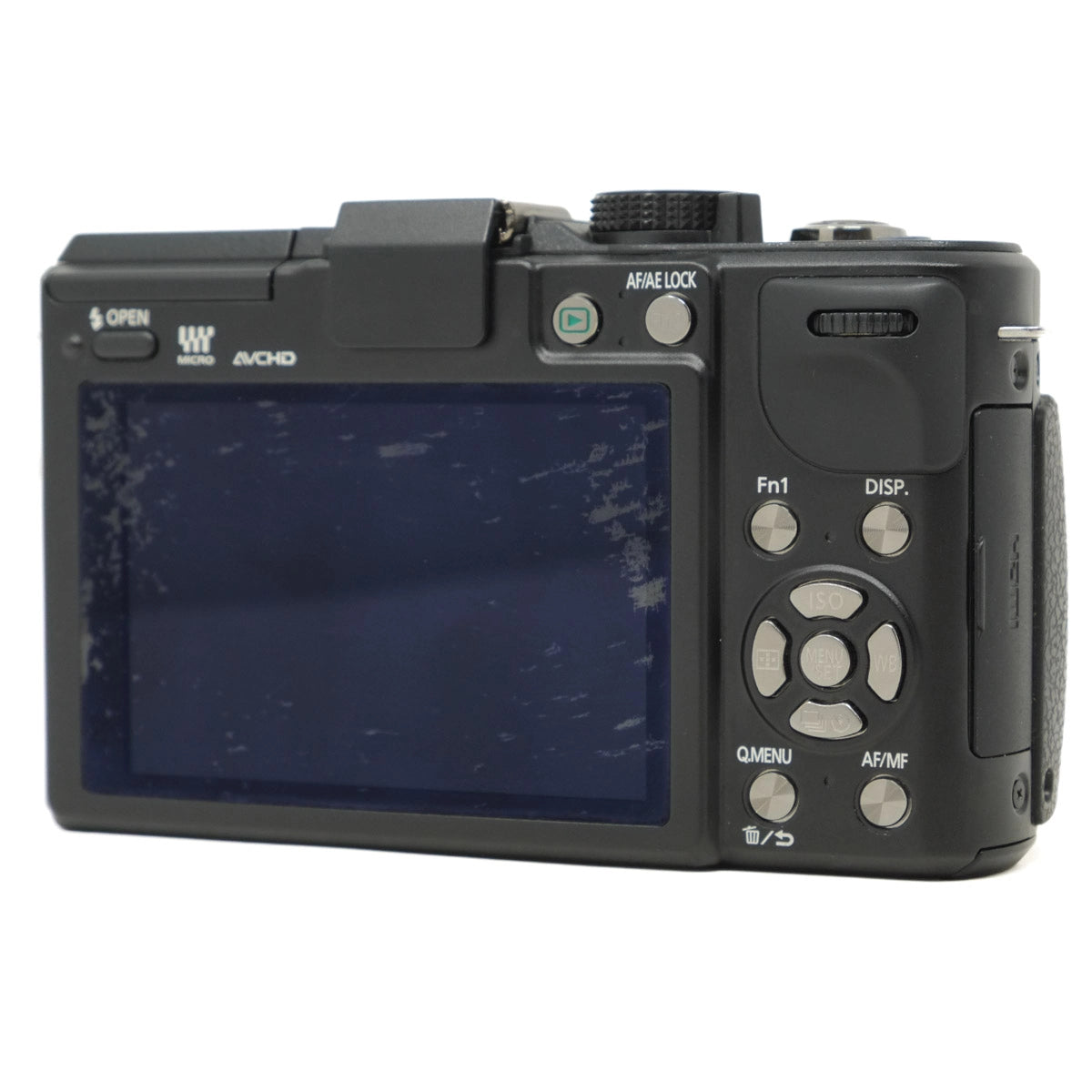 Black camera back with screen and control buttons on a white background