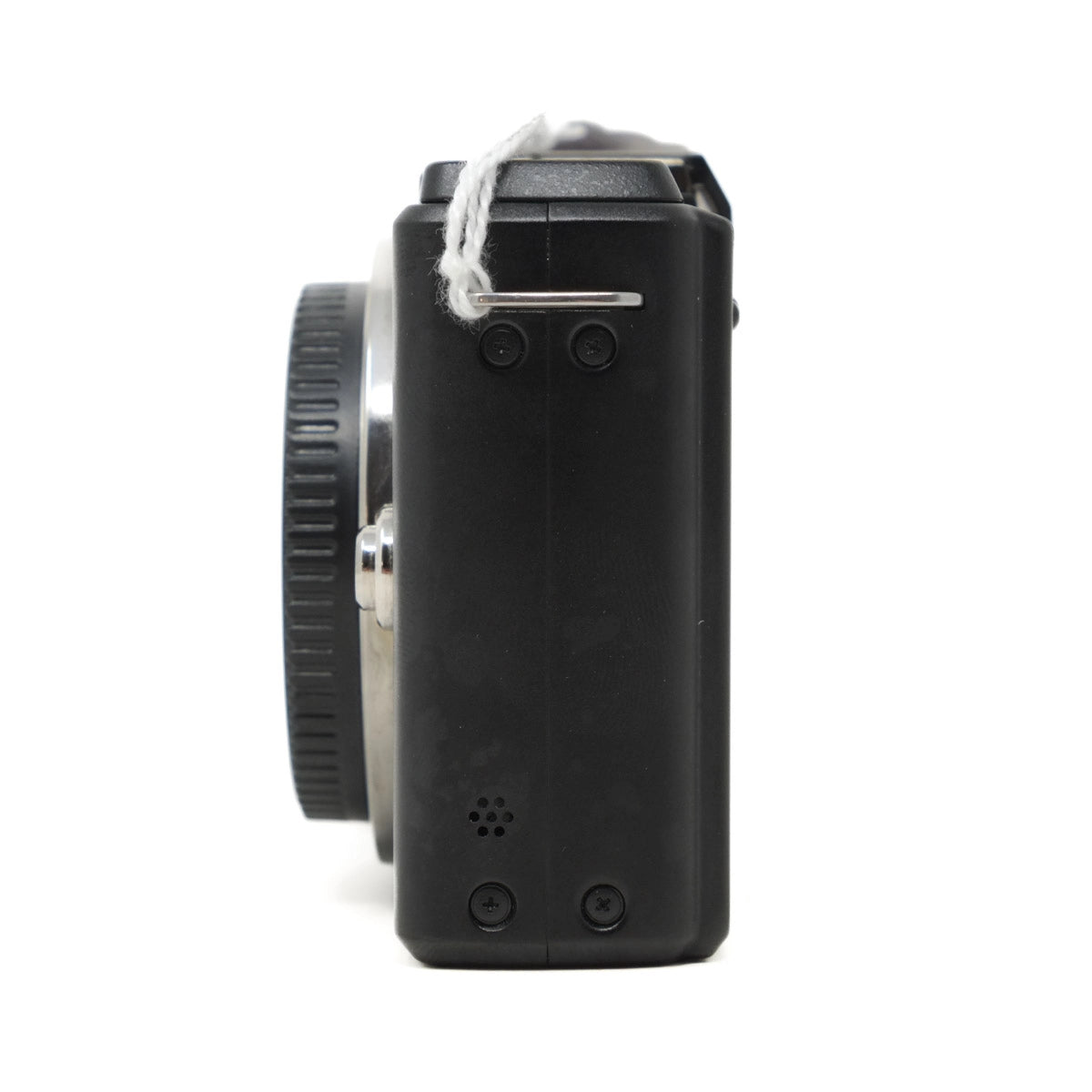 Black camera body on a white background