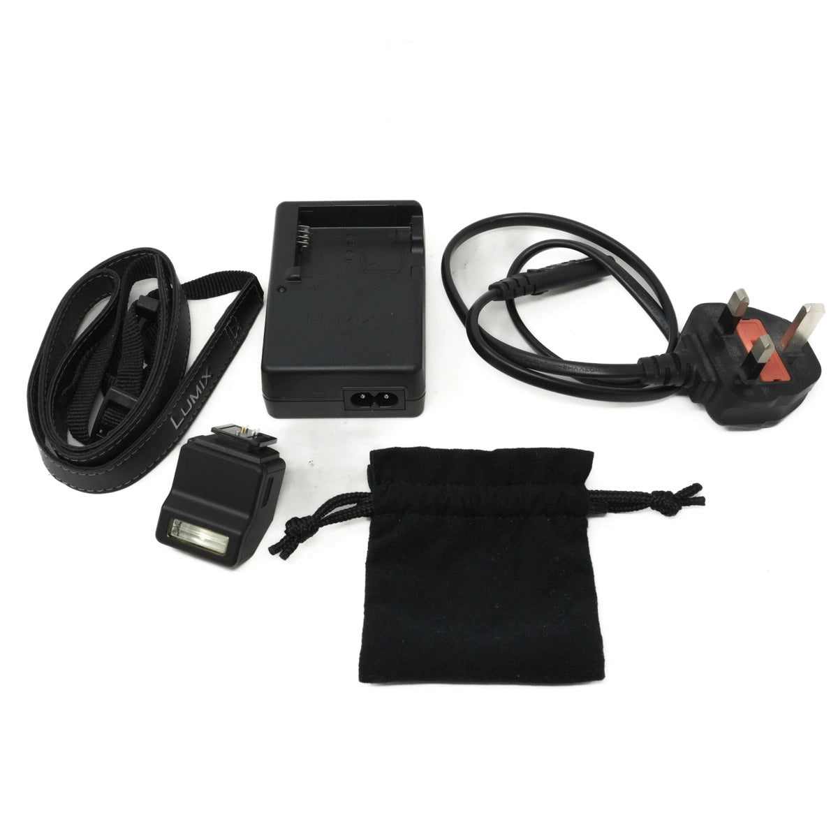 Collection of black electronic accessories including a charger, cable, and pouch on a white background.