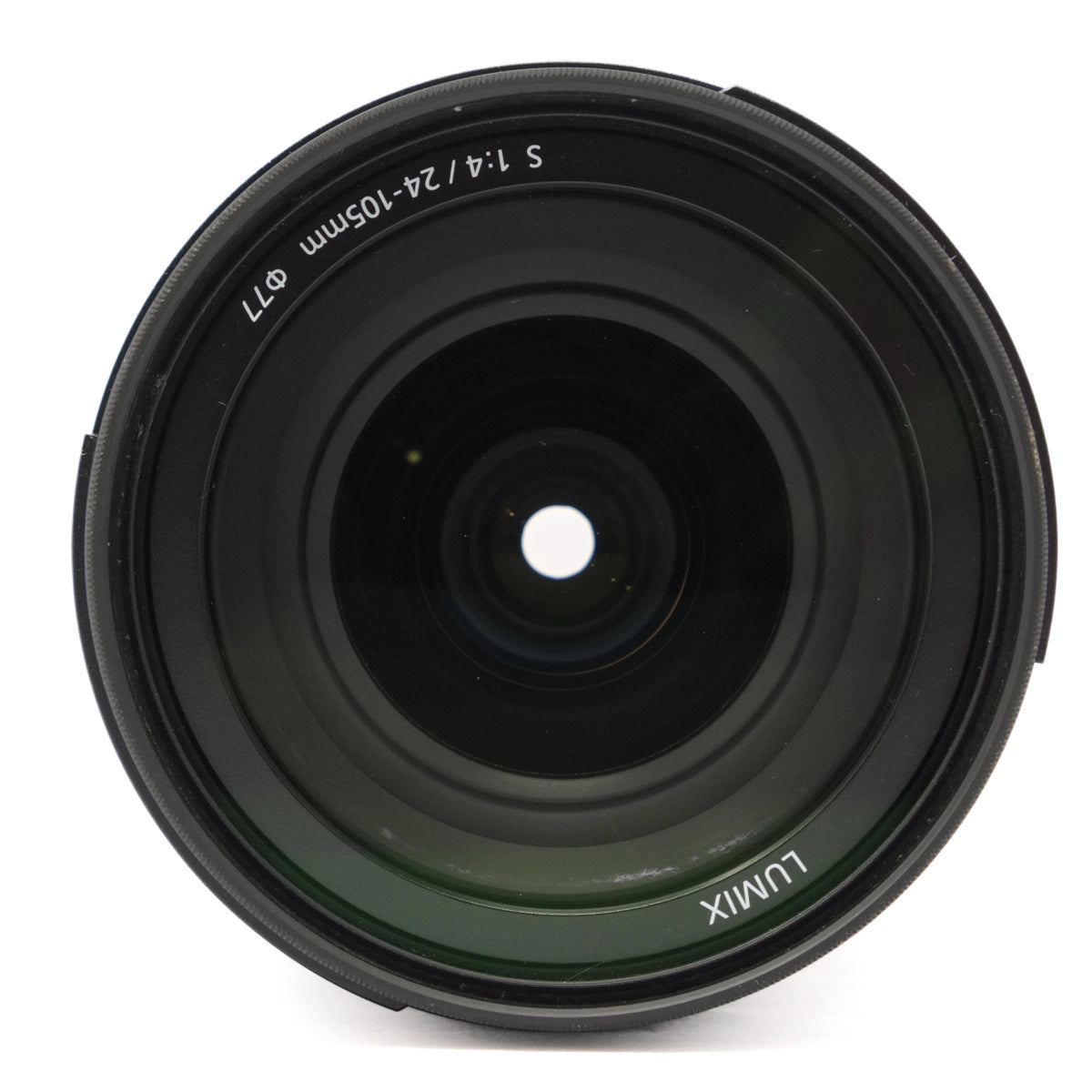 Camera lens with 'LUMIX' branding on a white background