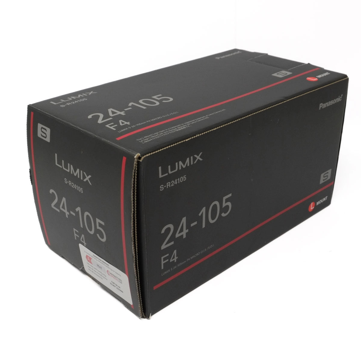 Black packaging box with 'Lumix' branding and product specifications on a white background