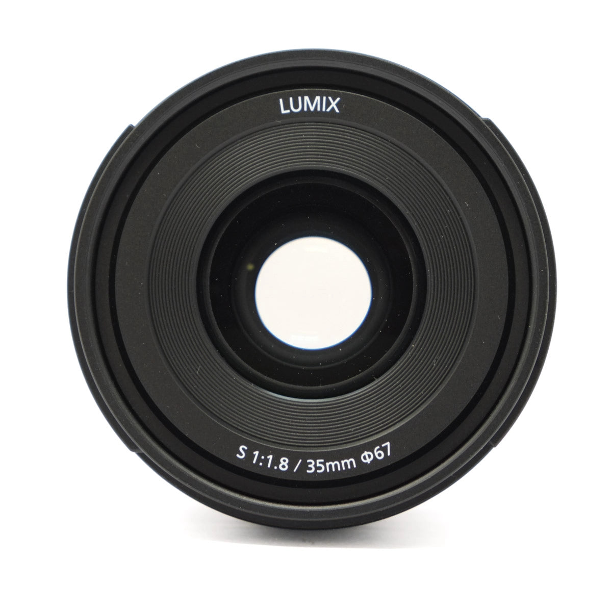 Black camera lens with 'LUMIX' branding on a white background