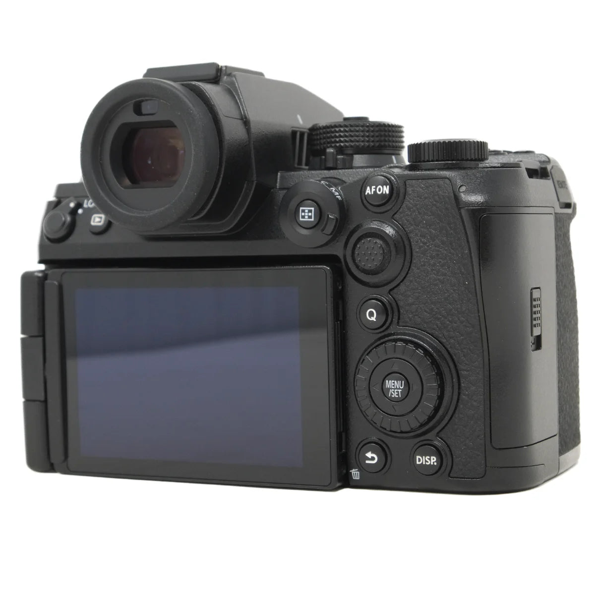 A black digital camera with a rear LCD screen, shown from a three-quarters angle on a white background.