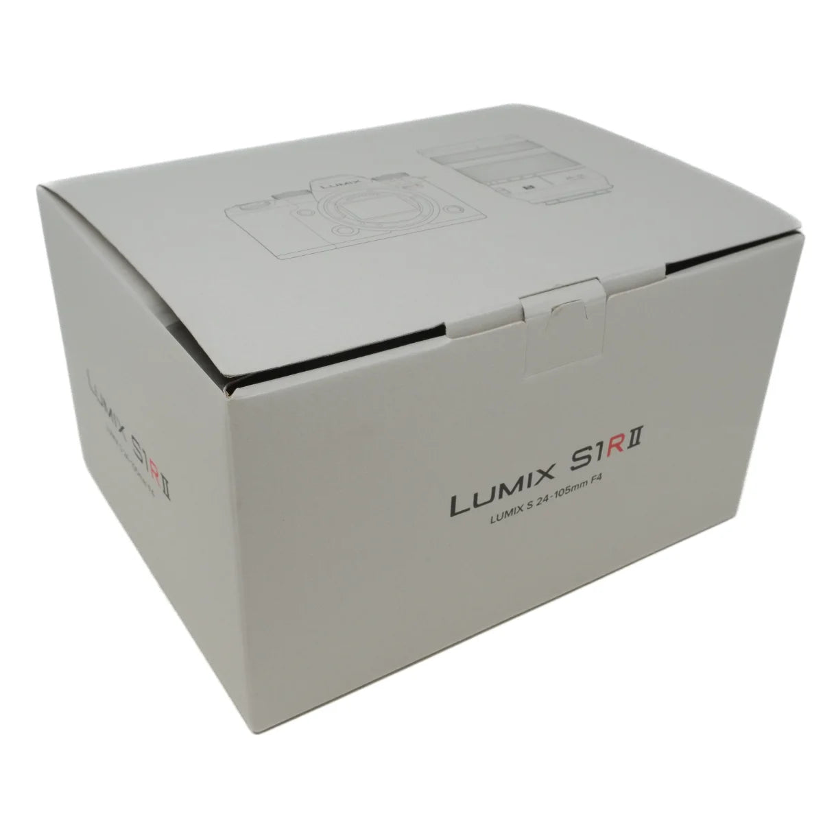 Lumix S1R II camera box packaging on a white background, showing the front and top views of the white cardboard box with black and red text.