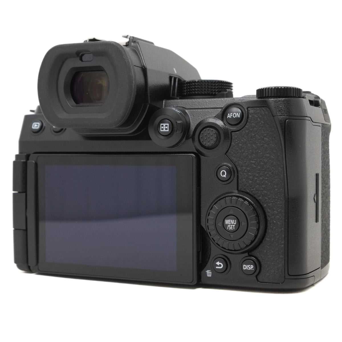 Black camera body with display screen on a white background