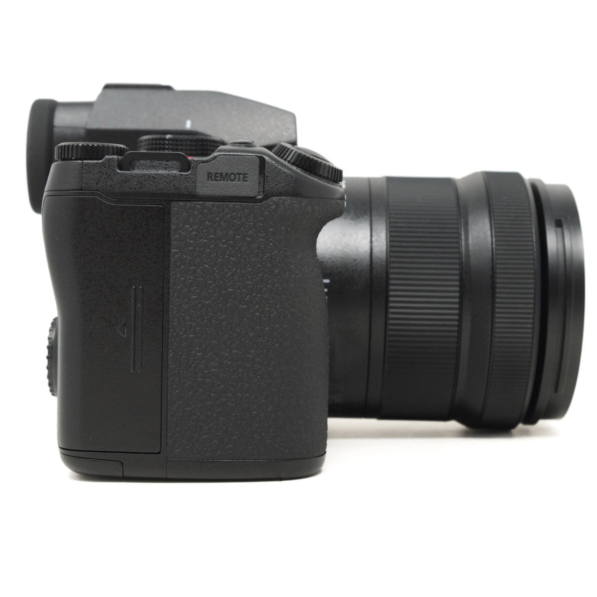 Black camera with lens on a white background