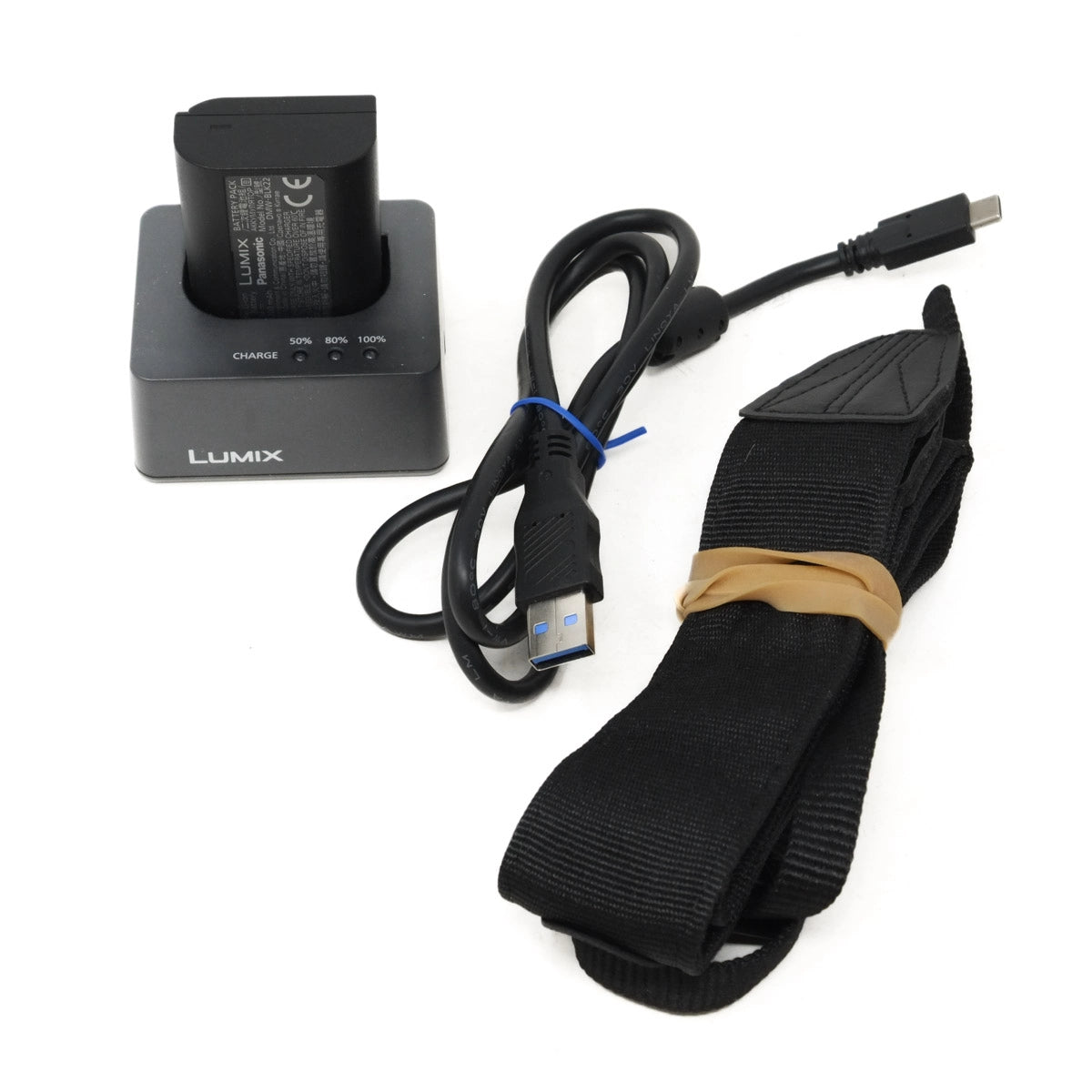 Lumix charging station, USB cable, and black strap on a white background