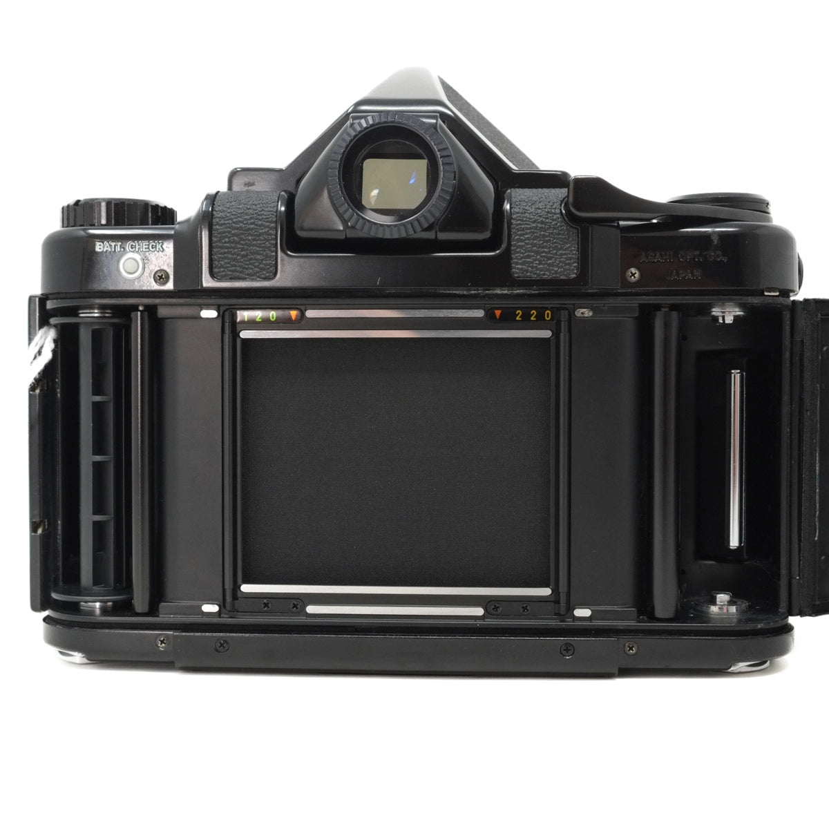 Black camera body on a white background
