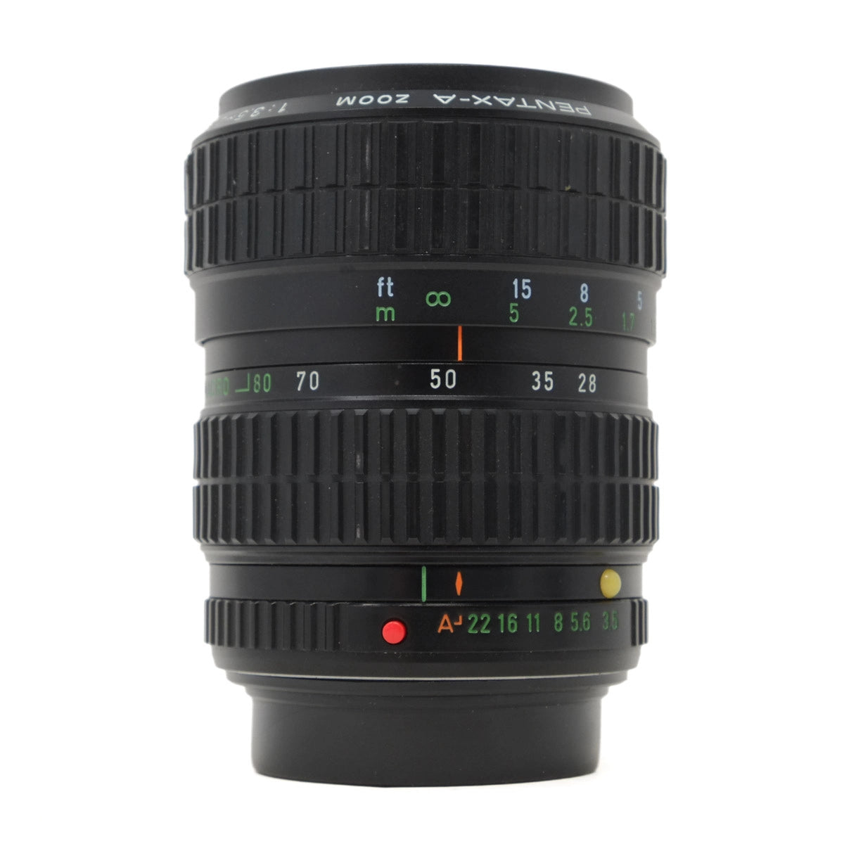 Camera lens with focus and aperture indicators on a white background