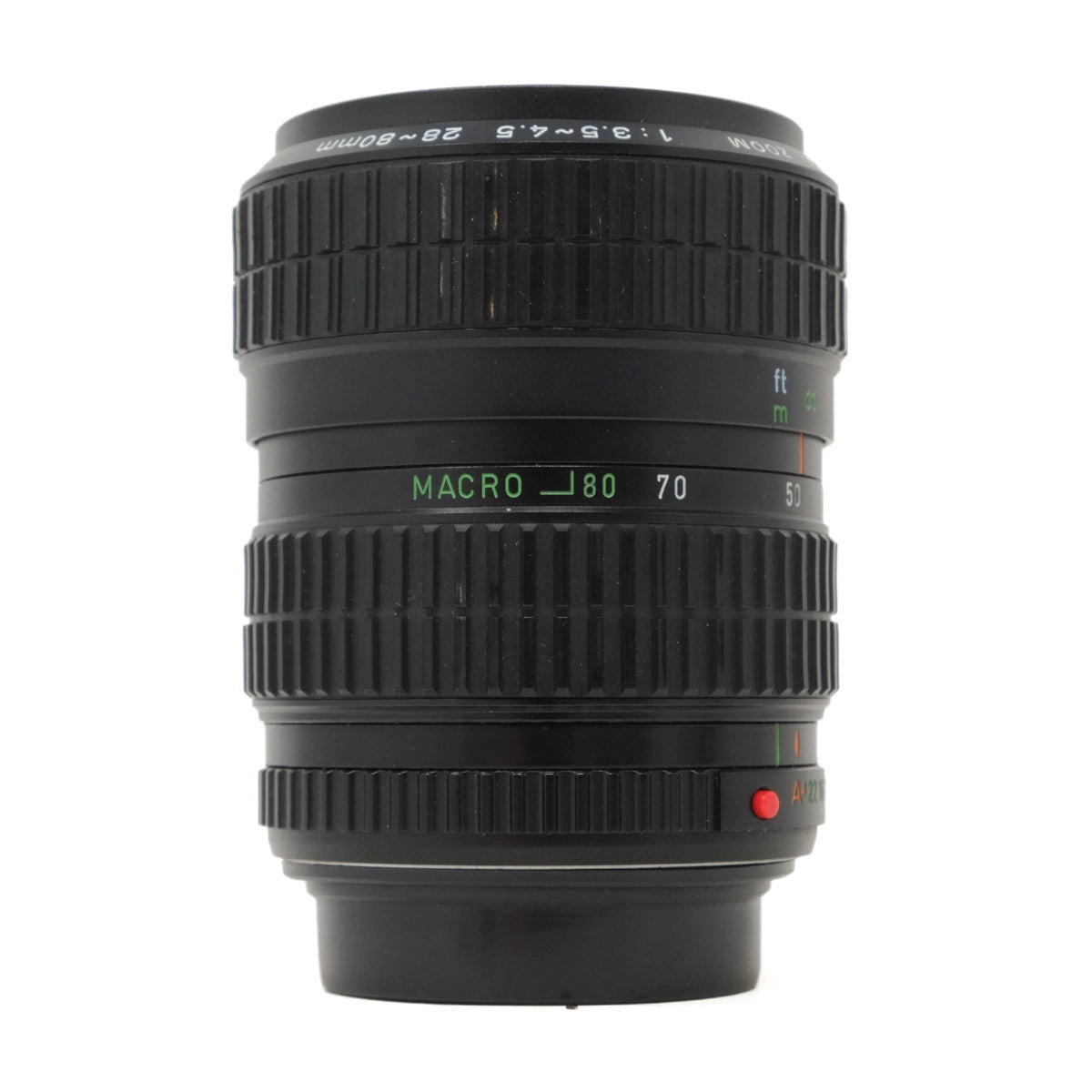 Black camera lens with focus and macro markings on a white background