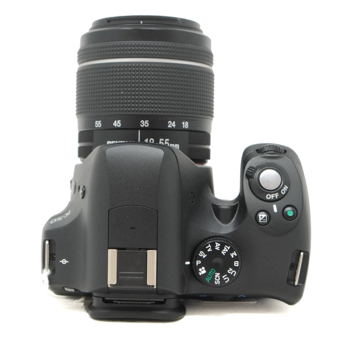Used Pentax K-50 DSLR camera with Pentax 18-55mm WR Lens - top angle 