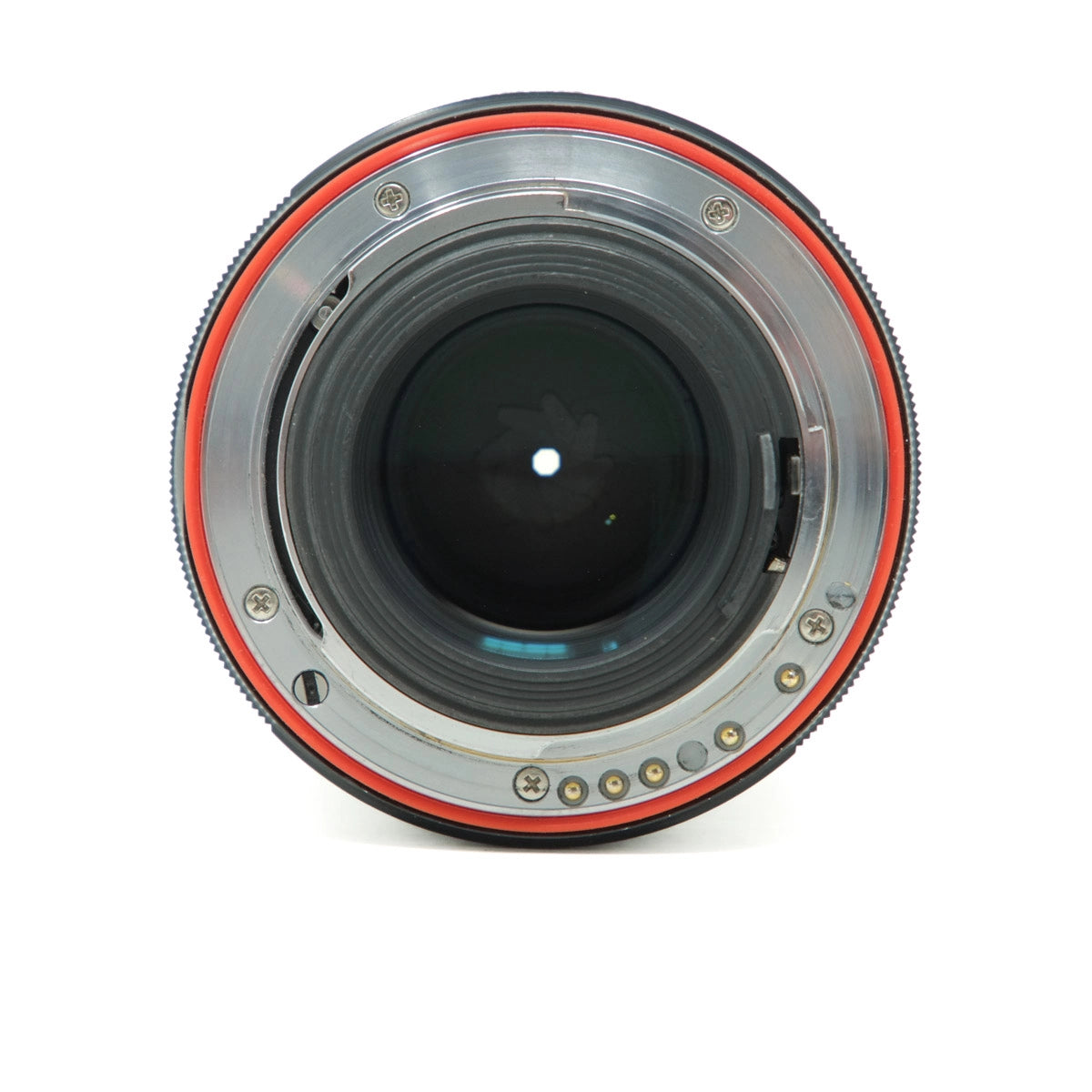 Camera lens with red and black design on a white background
