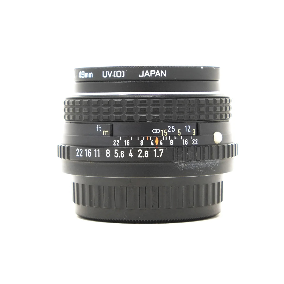 Used Pentax M 50mm F1.7 lens with Hoya UV filter - front angle 