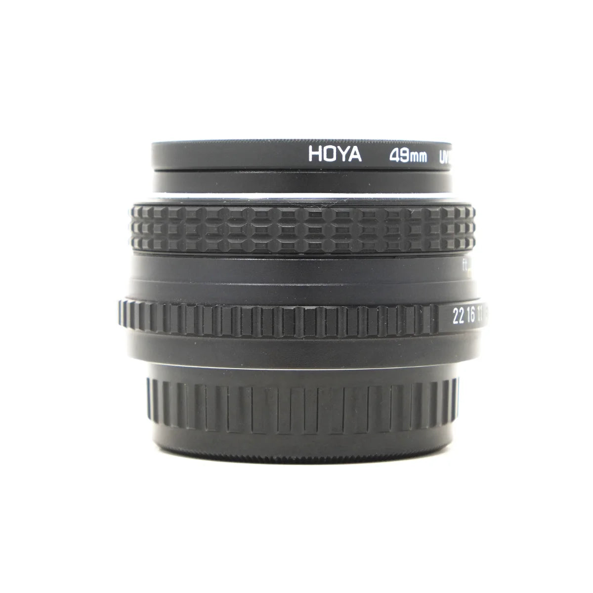 Used Pentax M 50mm F1.7 lens with Hoya UV filter - side angle 
