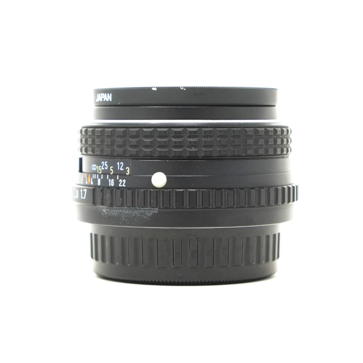 Used Pentax M 50mm F1.7 lens with Hoya UV filter - side angle 