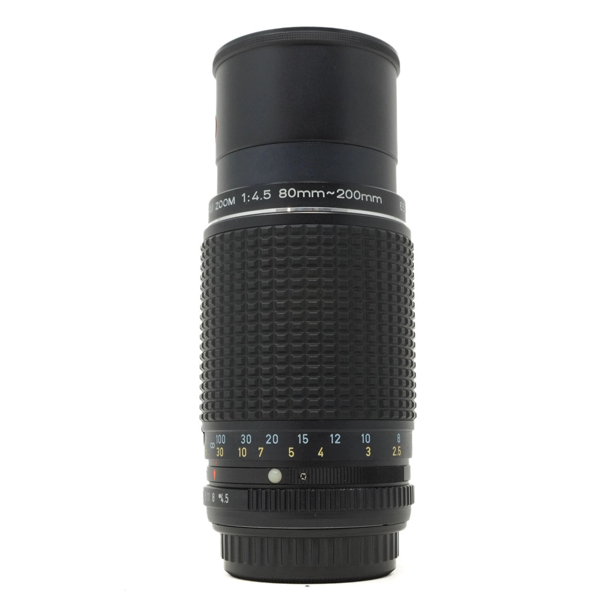 Black camera lens with focus scale on a white background