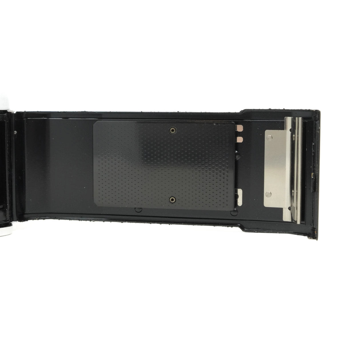 Black electronic device with a metallic component on a white background