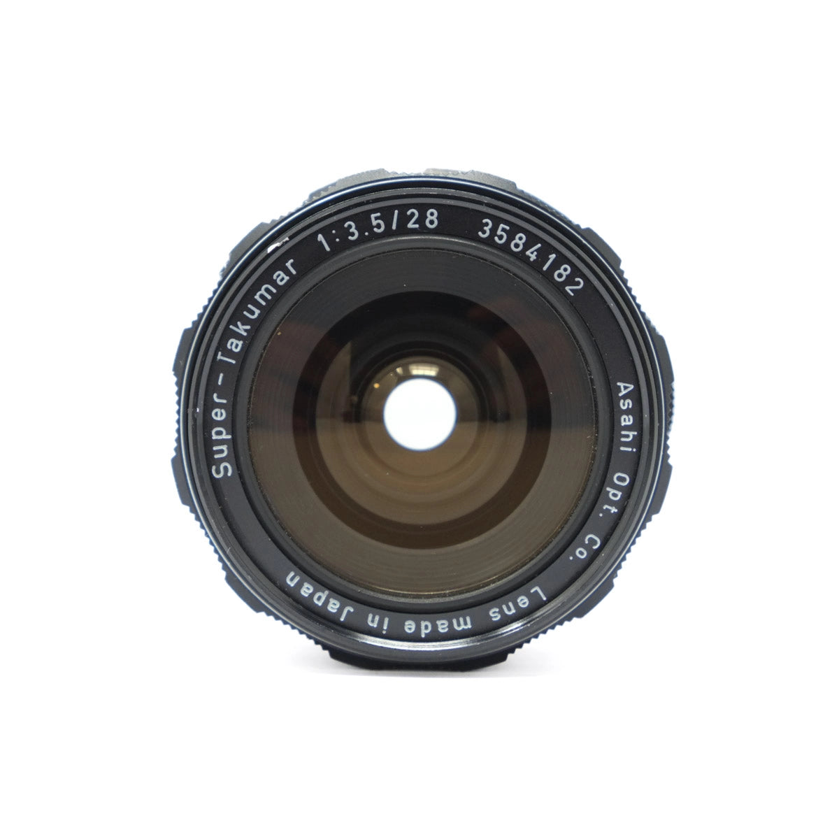 Camera lens with text on a white background