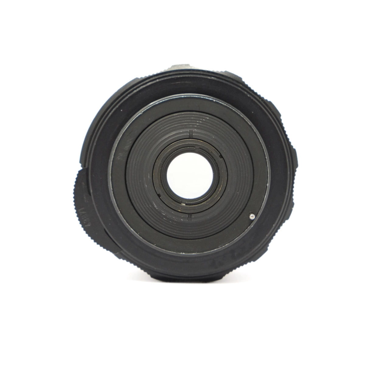 Black mechanical lens on a white background