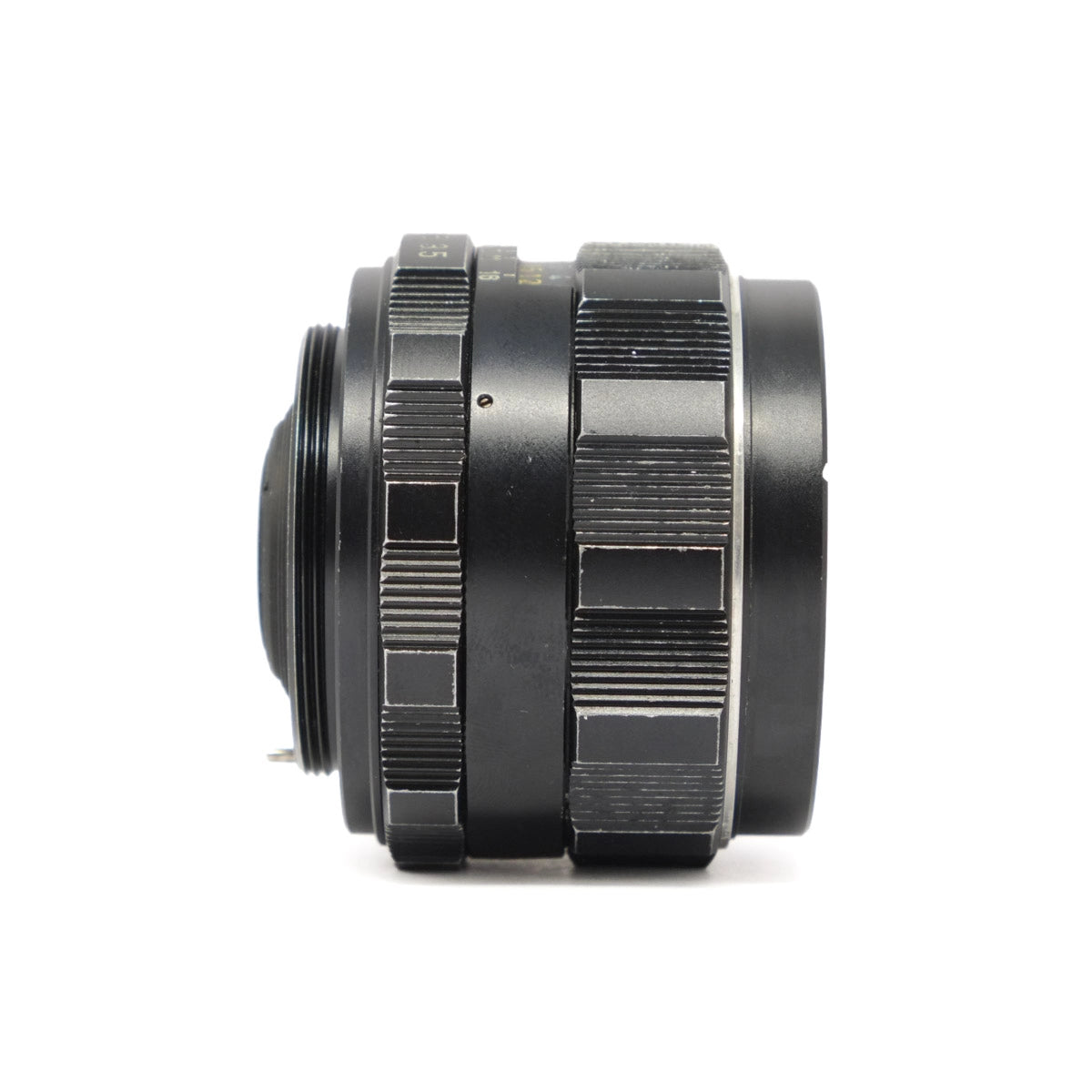 Black camera lens on a white background