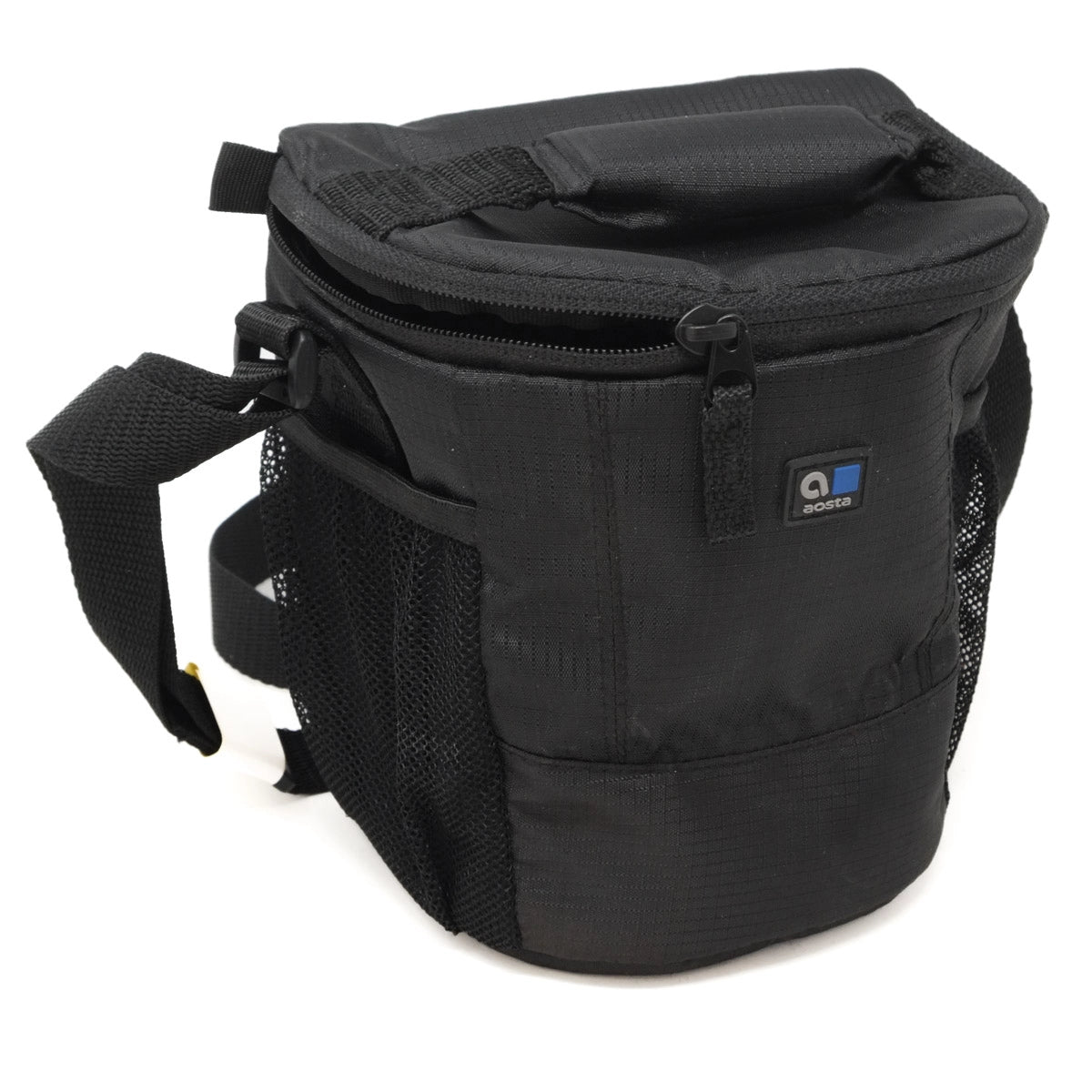 Black camera bag with a visible brand logo on a white background