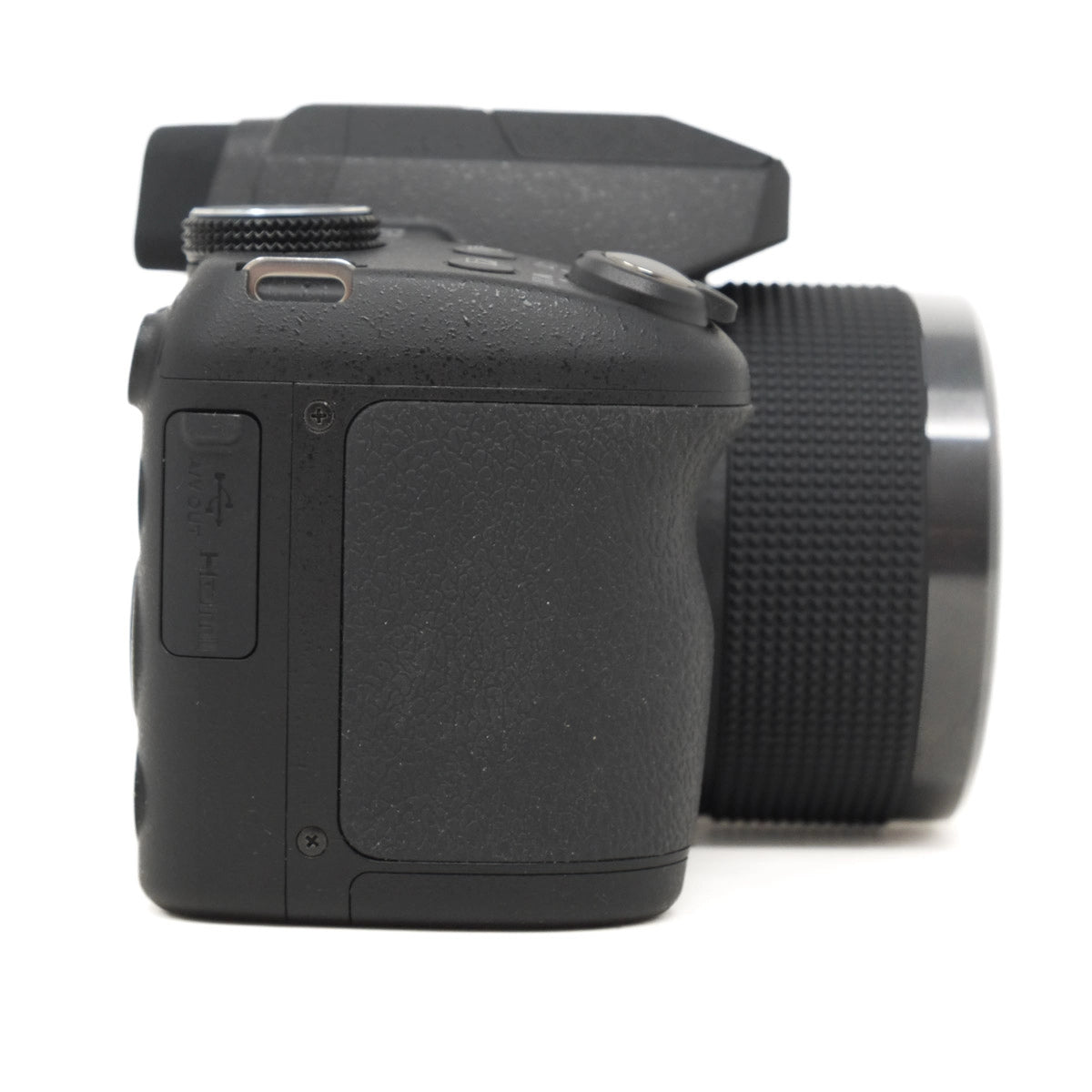 Black camera body with lens on a white background