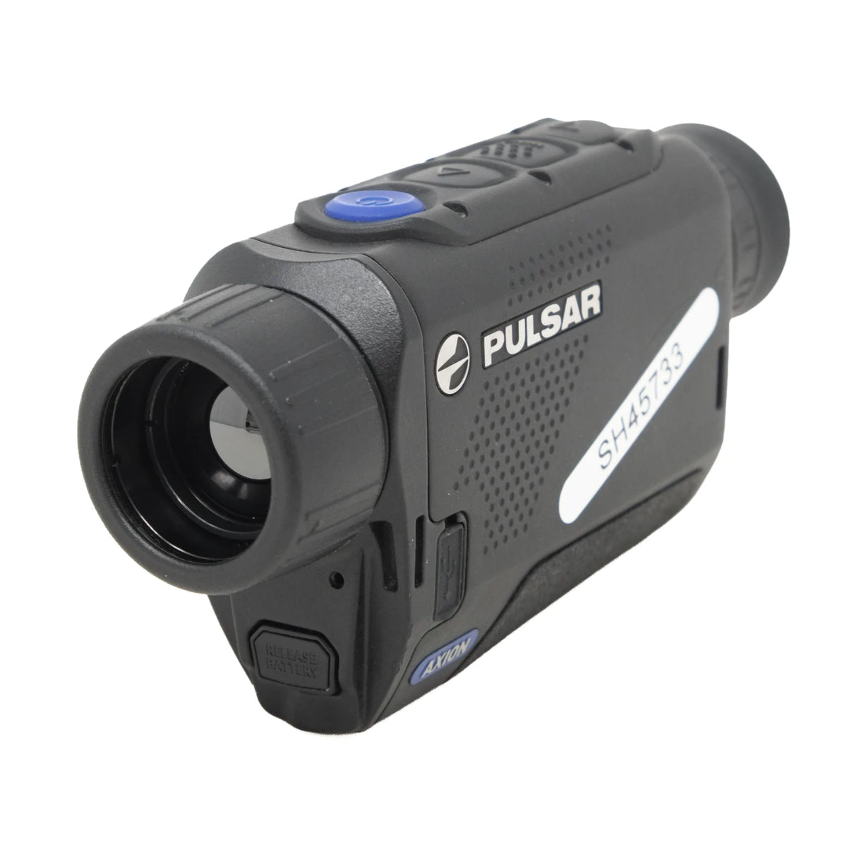 Pulsar Axion XQ30 thermal laser rangefinder in black with a blue power button and white branding, shown on a solid white background.
