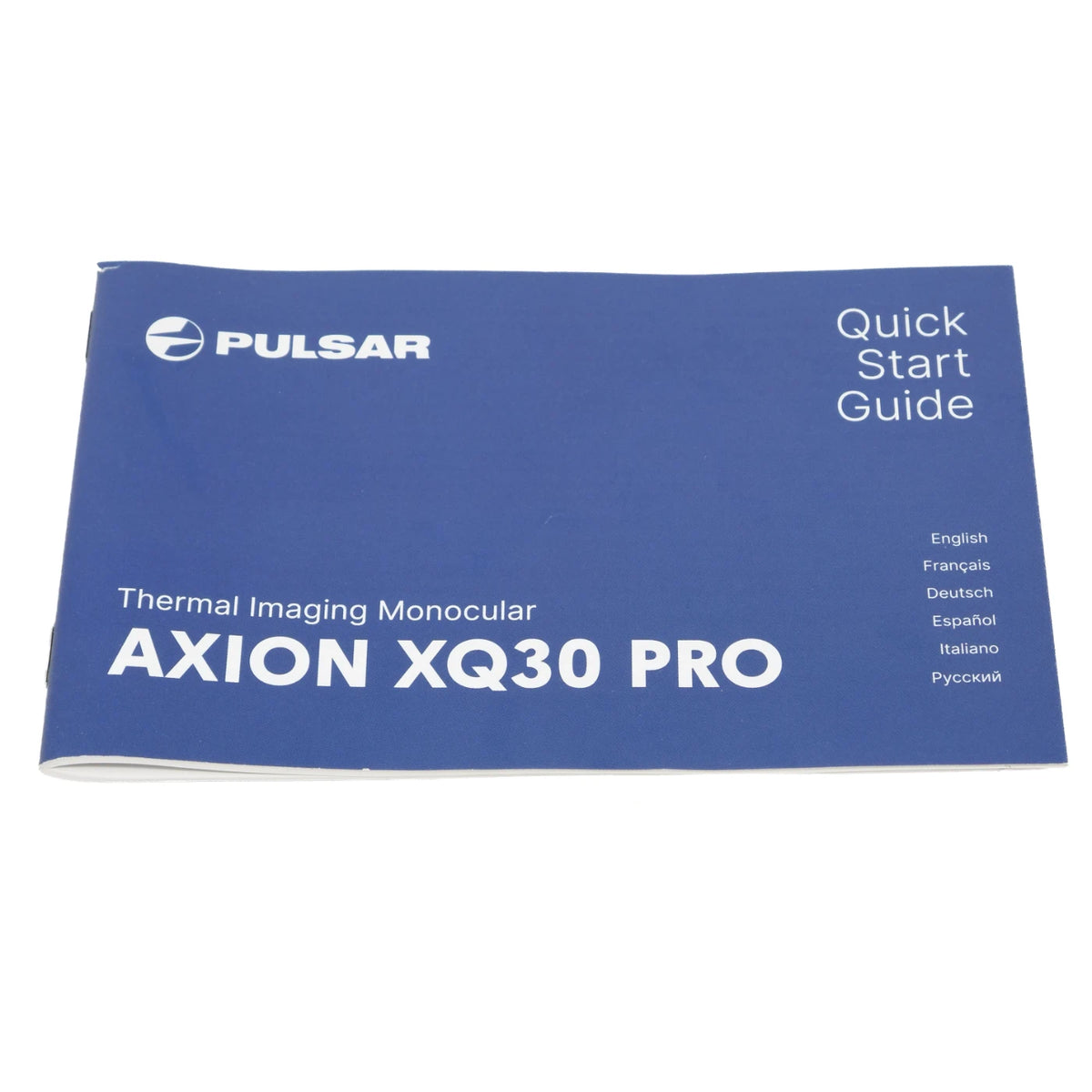 A blue Pulsar quick start guide booklet for the Axion XQ30 Pro thermal imaging monocular, displayed on a clean white background.