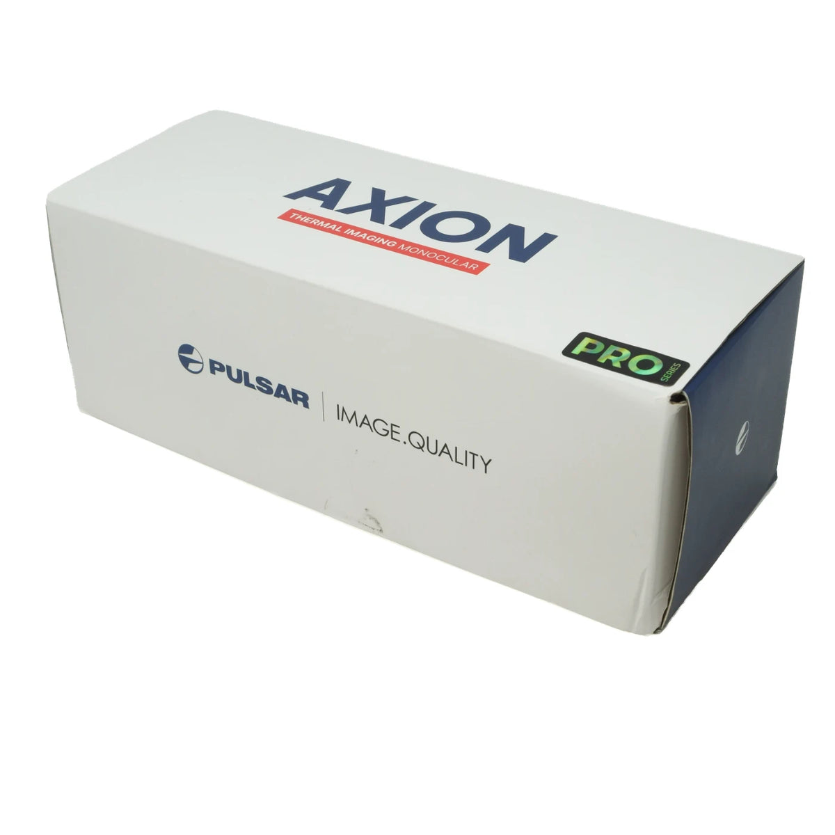 Pulsar Axion XQ30 box, featuring a white cardboard packaging with blue and green branding on a white background.