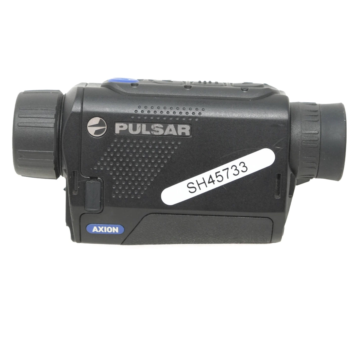 A black Pulsar Axion thermal monocular with a white serial number sticker, shown against a plain white background.