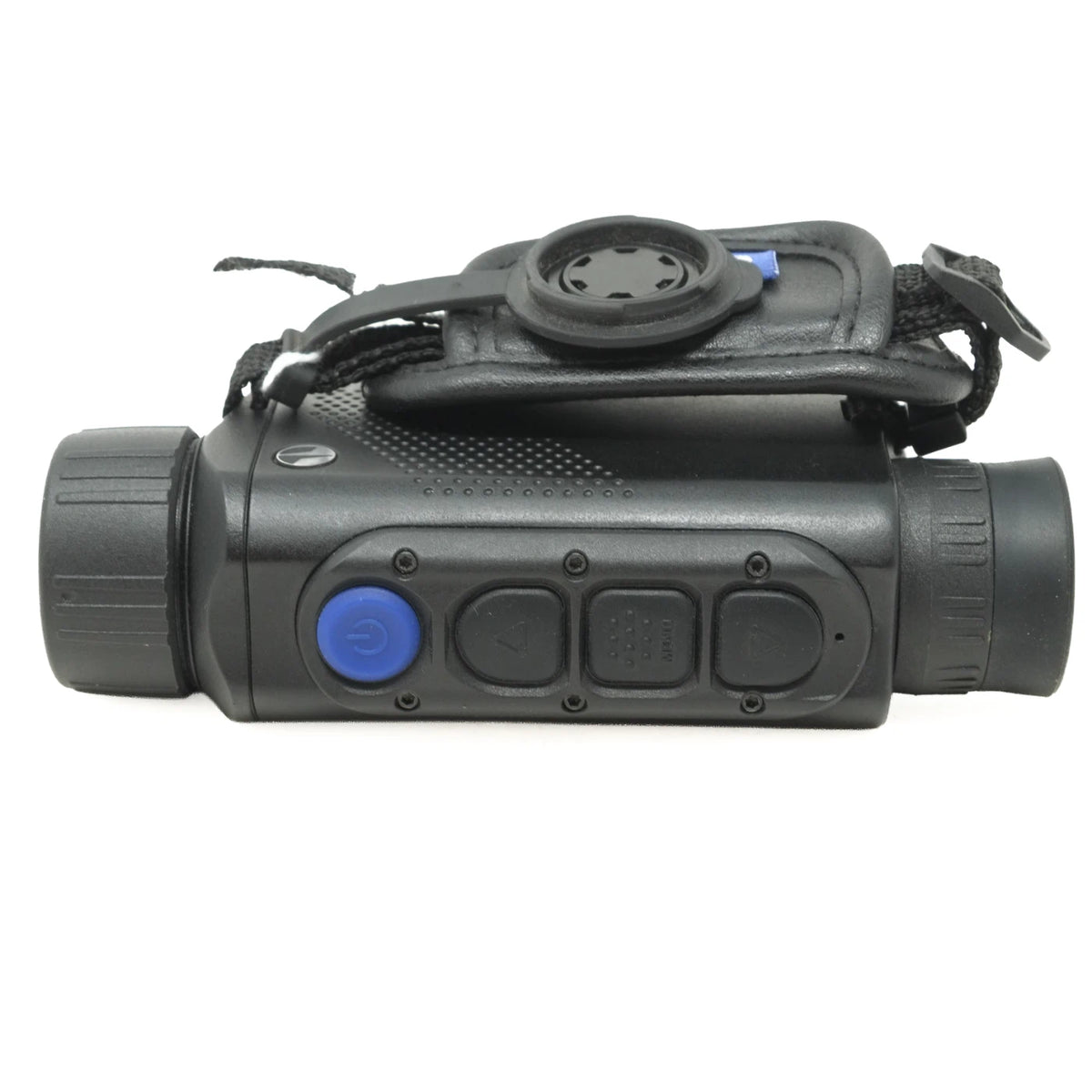 Black night vision monocular rifle scope with a blue power button and a matching black carrying strap, shown on a white background.