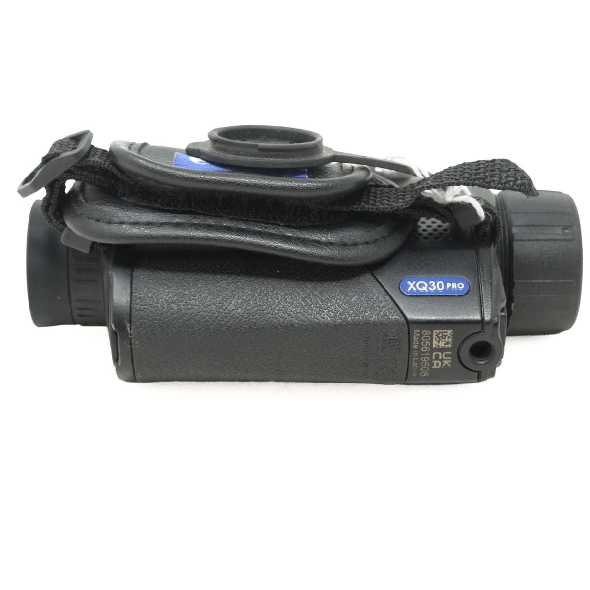 A black XQ30 Pro binocular sight with a black carrying strap, shown from the side against a plain white background.