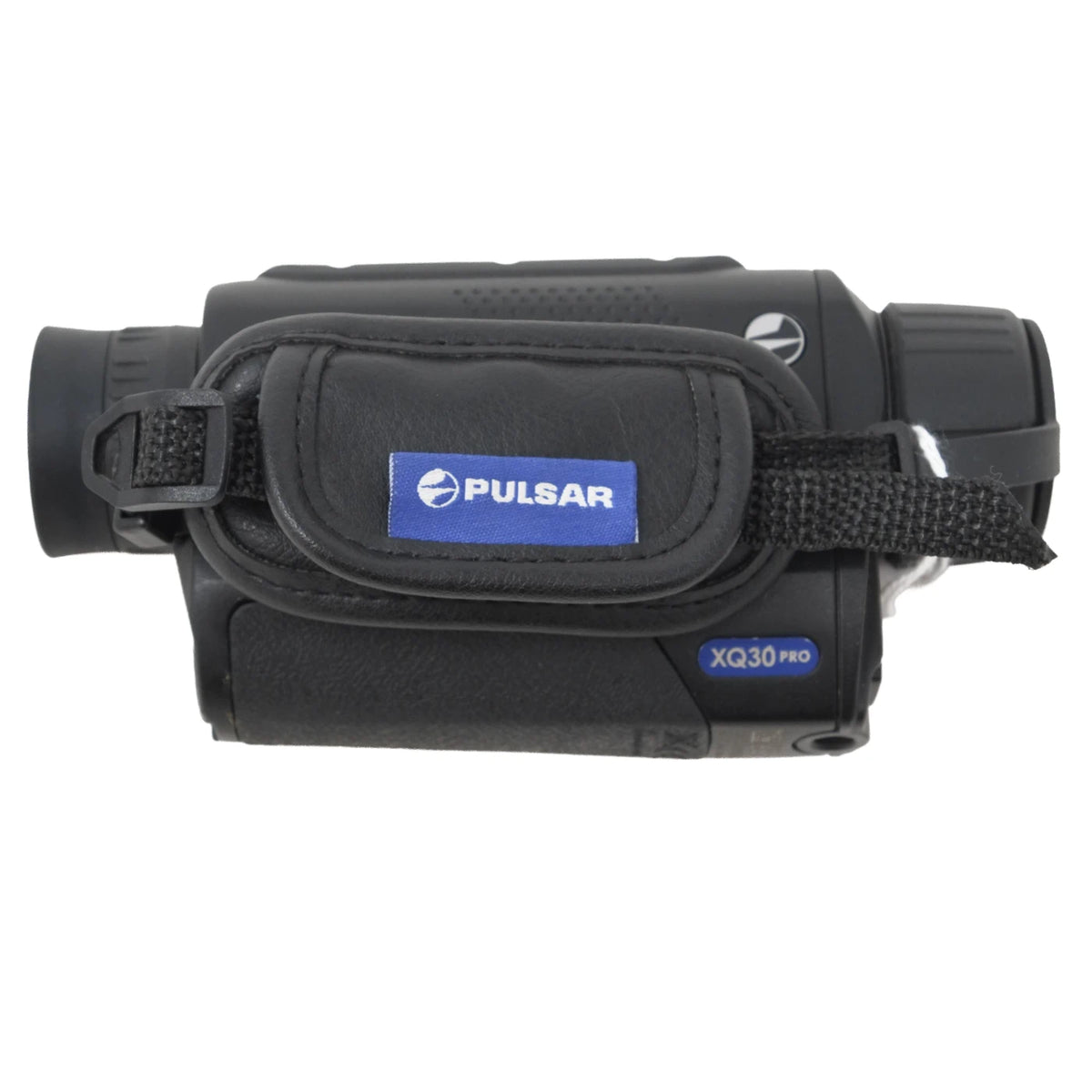 Pulsar XQ30 Pro thermal imaging scope in black with a blue brand logo patch on the front strap.