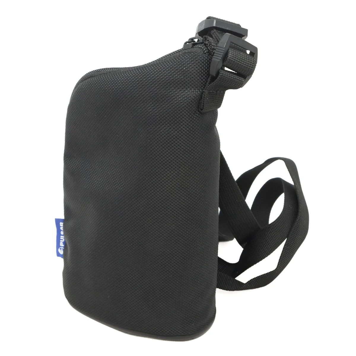 A black textured fabric waist bag with an adjustable shoulder strap and a quick-release buckle closure, shown on a plain white background.