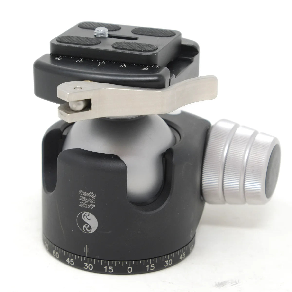 Used Really Right Stuff Pro Ball Head BH-55 with top platform and Quick plate - front angle