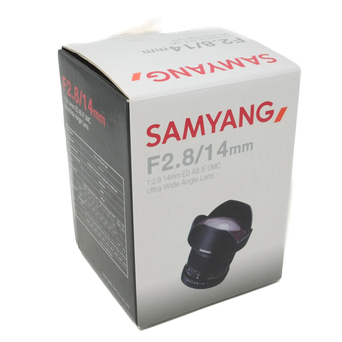 Samyang camera lens packaging box with lens illustration on a white background