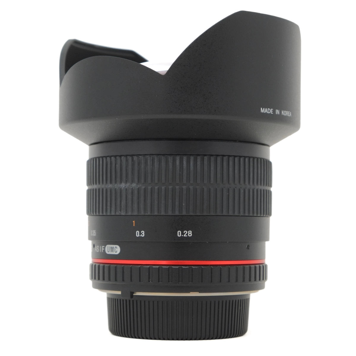 Used Samyang 14mm F2.8 ED AS IF UMC lens in Nikon F mount - side angle 