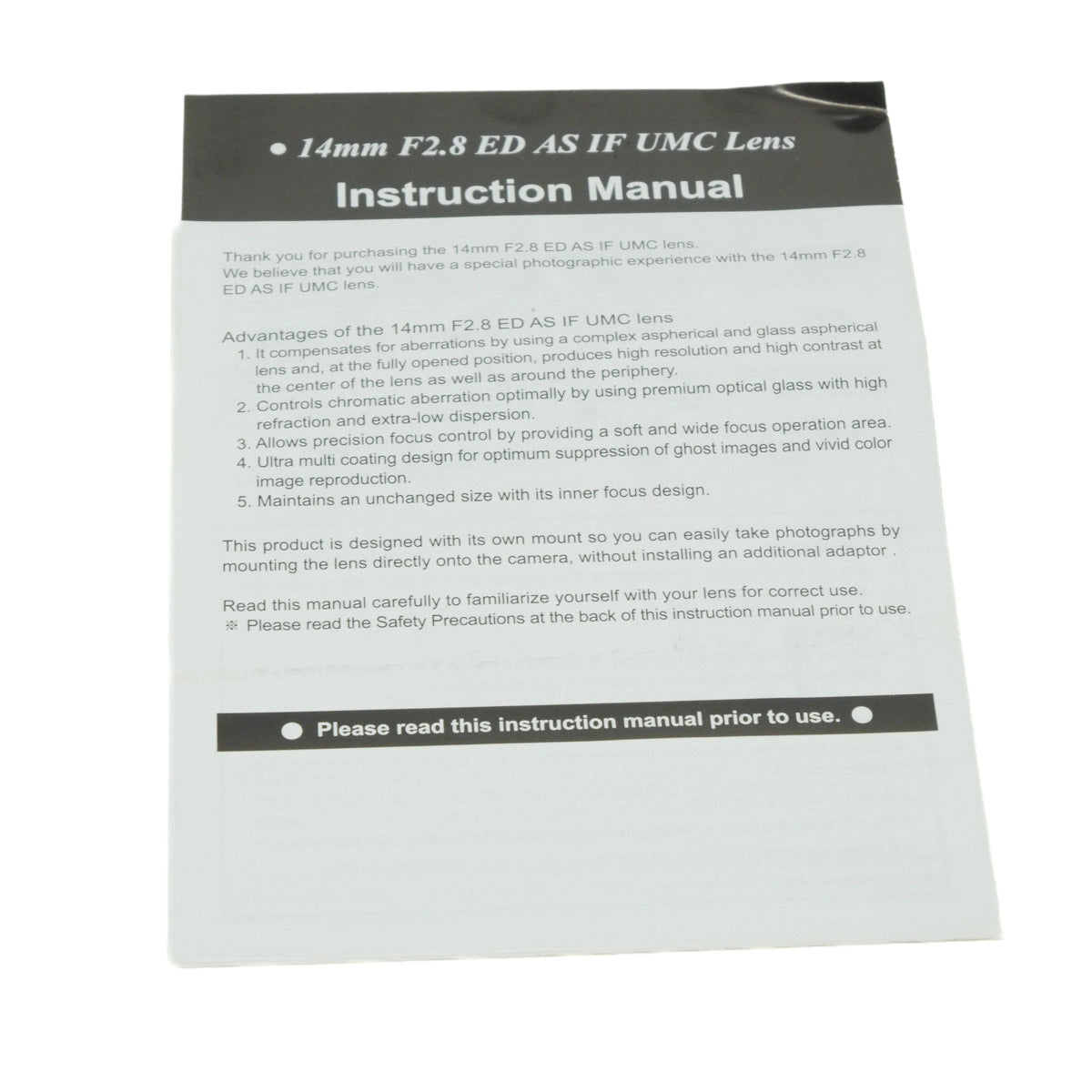 Instruction manual for a 14mm F2.8 ED AS IF UMC Lens on a white background