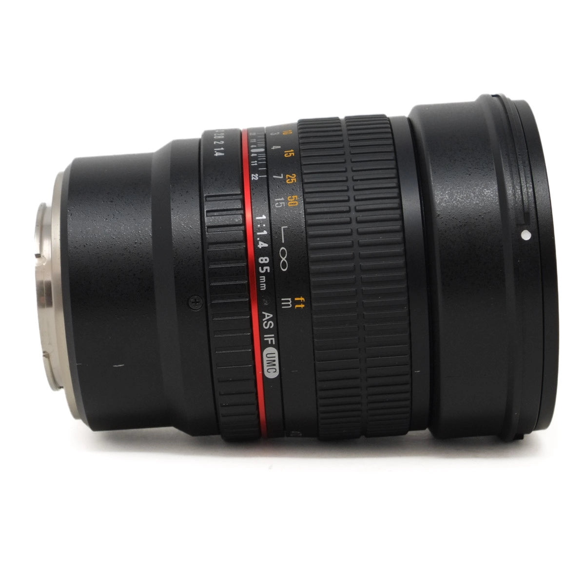 Camera lens with focus and aperture controls on a white background