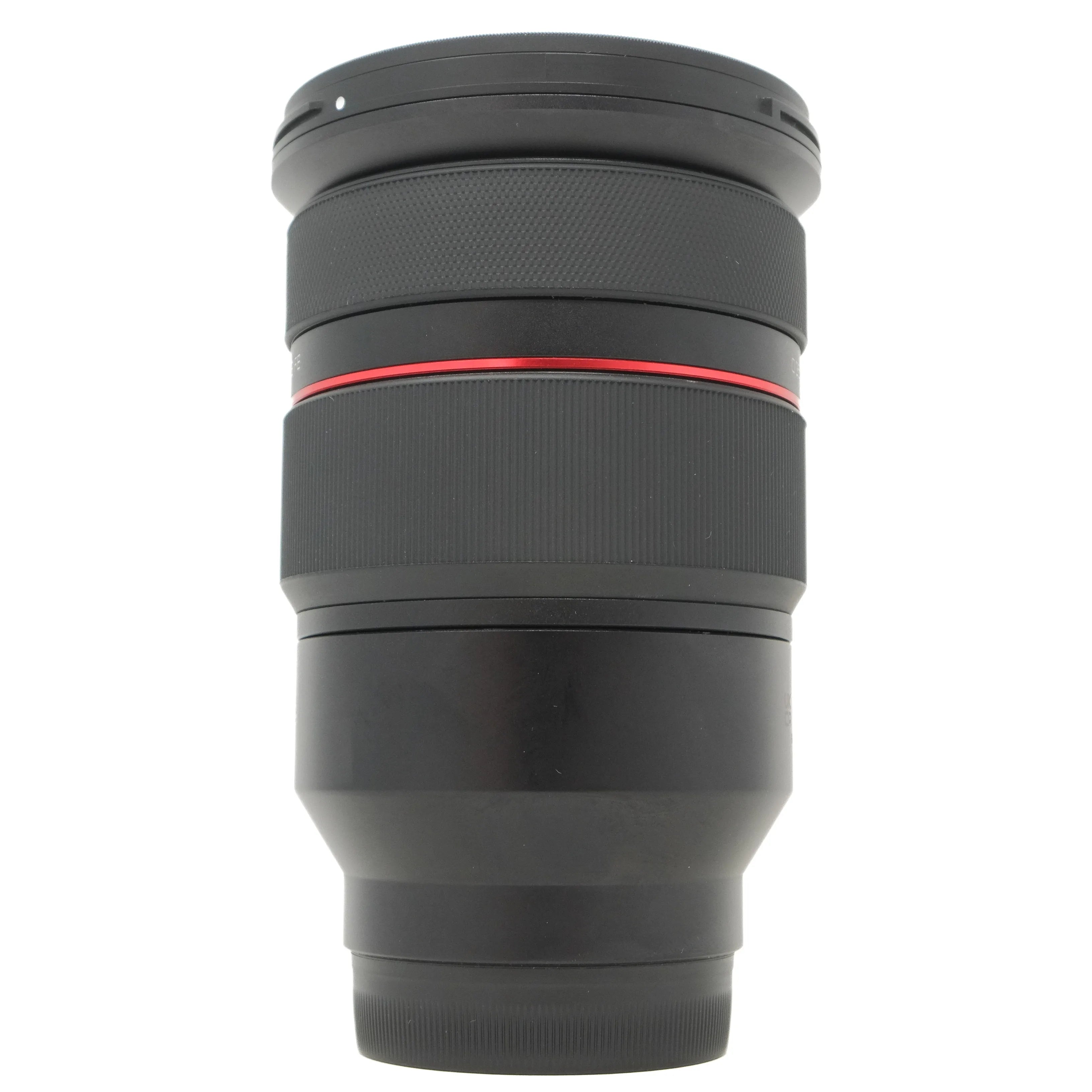 Camera lens with a red accent on a white background