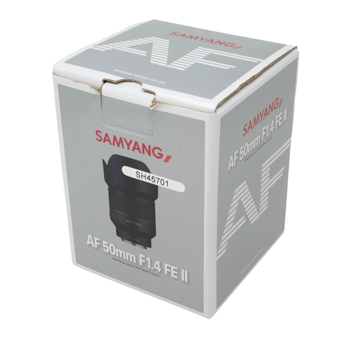 Samyang AF 50mm F1.4 FE II camera lens retail box, featuring a gray and white design with red brand text and a black lens graphic.