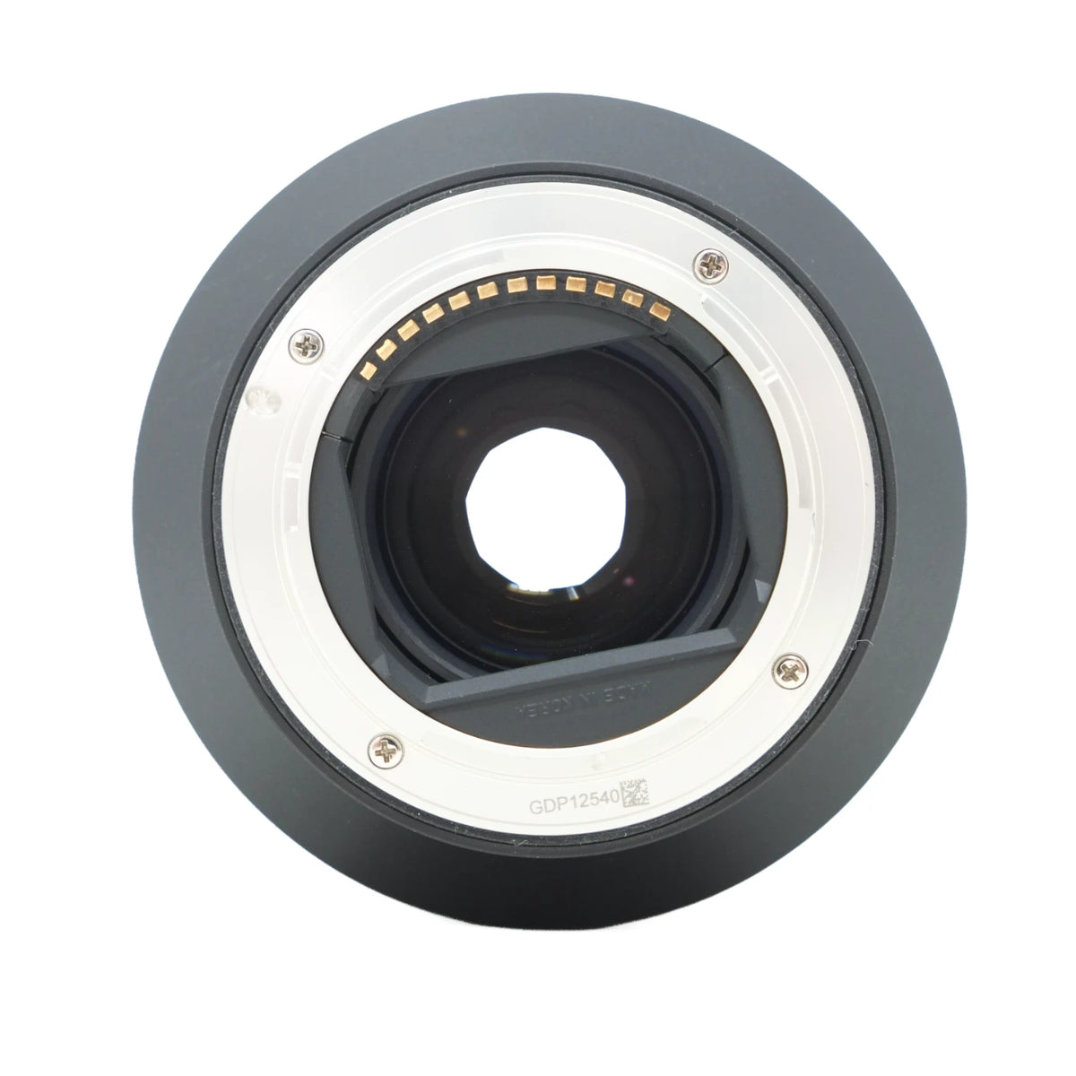 A circular camera lens adapter ring with a dark gray outer body, white inner ring, and gold-colored metal contacts, shown on a solid white background.