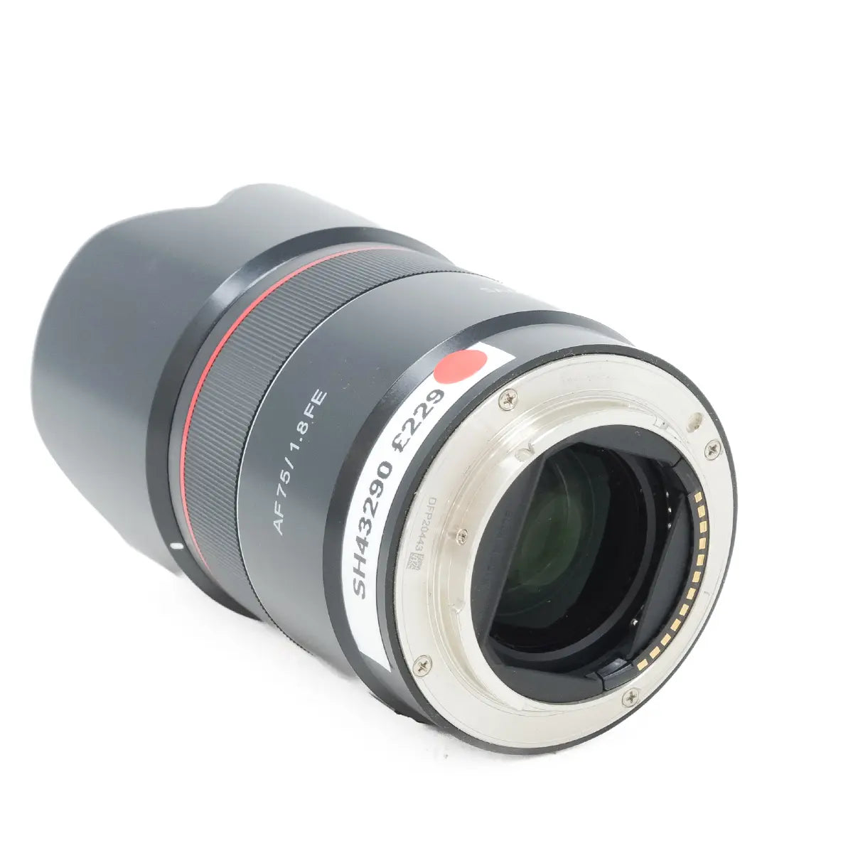 Camera lens with specifications on a white background