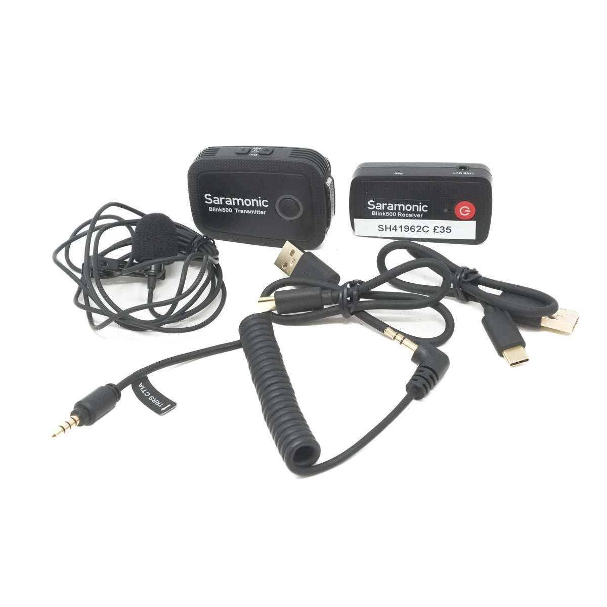 Used Saramonic Blink500 Wireless Mic set with transciever and reciever front angle