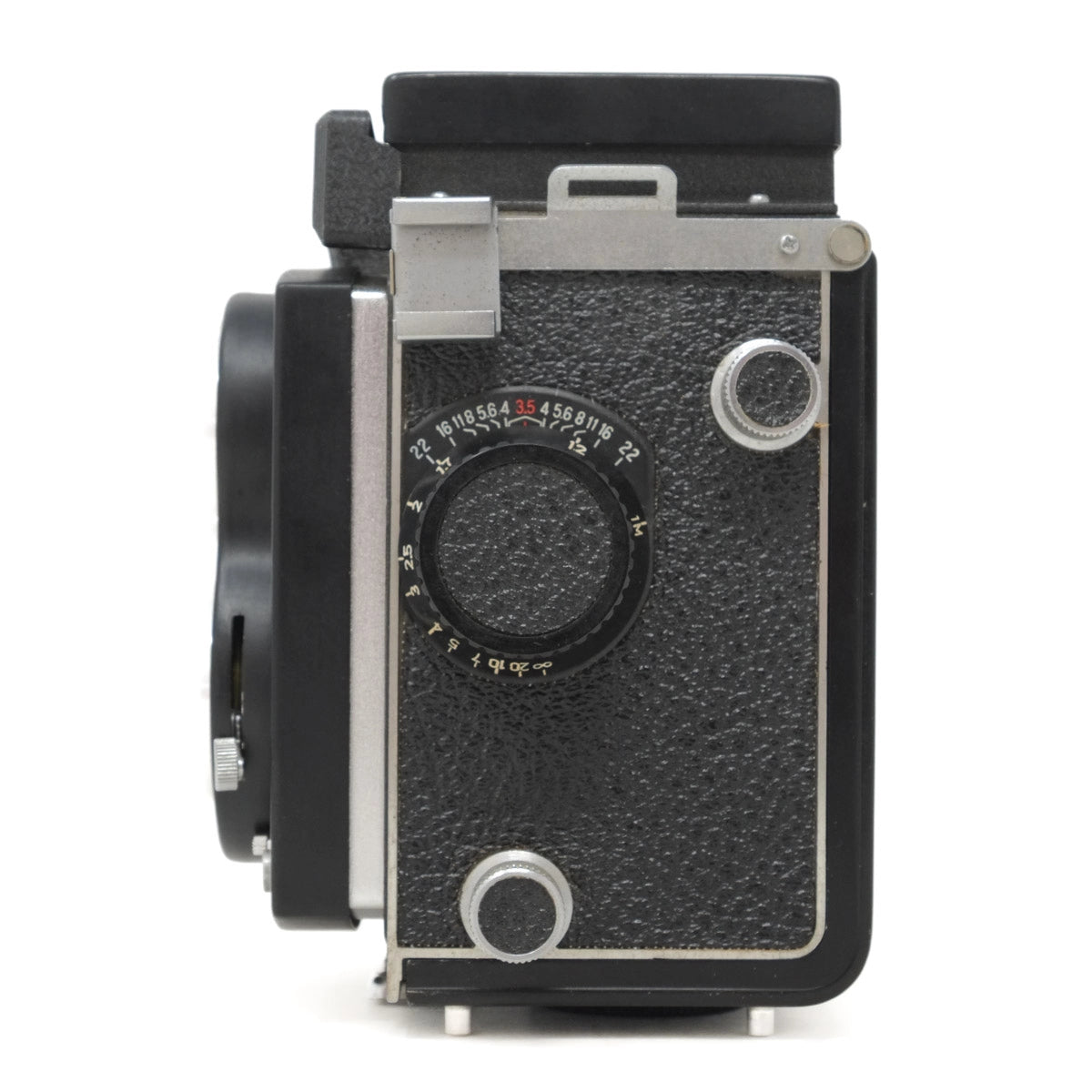 Vintage camera with black and silver design on a white background