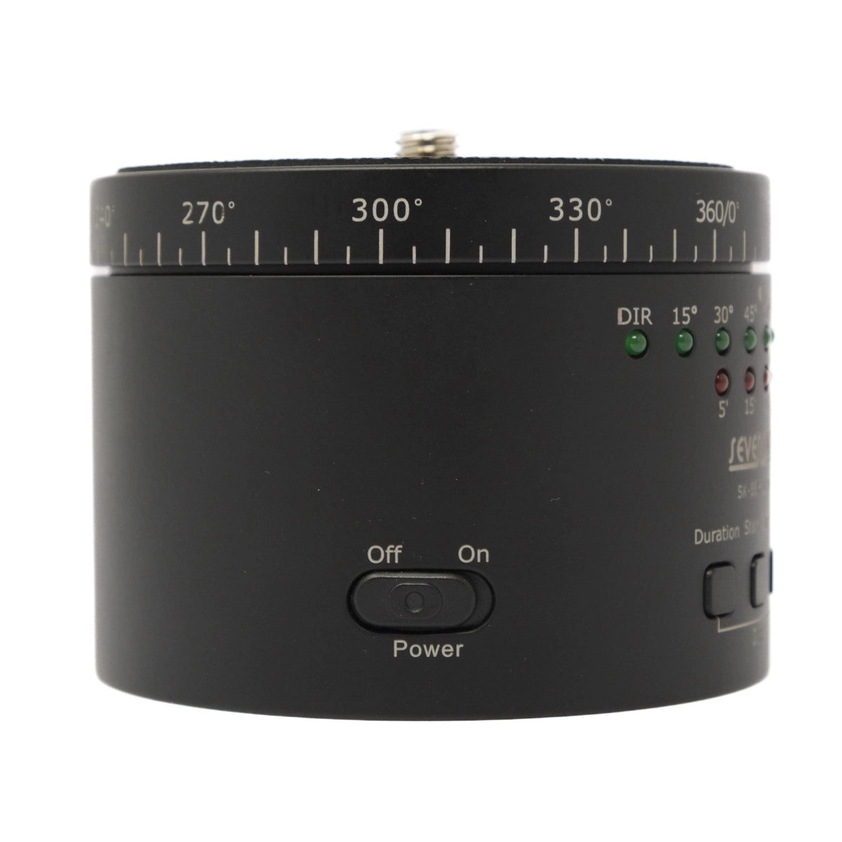 Black cylindrical device with a power switch and directional indicators on a white background