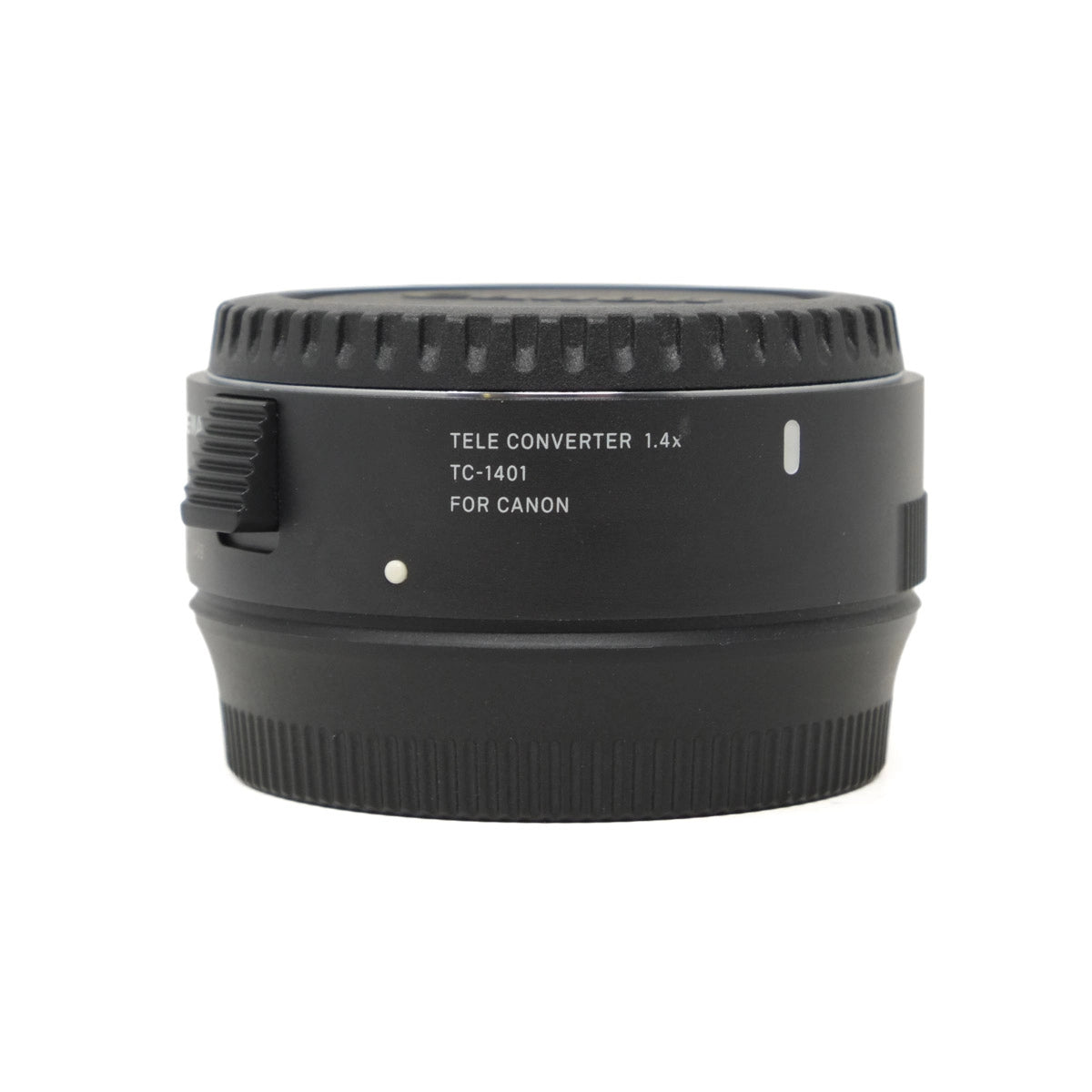 Black camera teleconverter lens for Canon on a white background