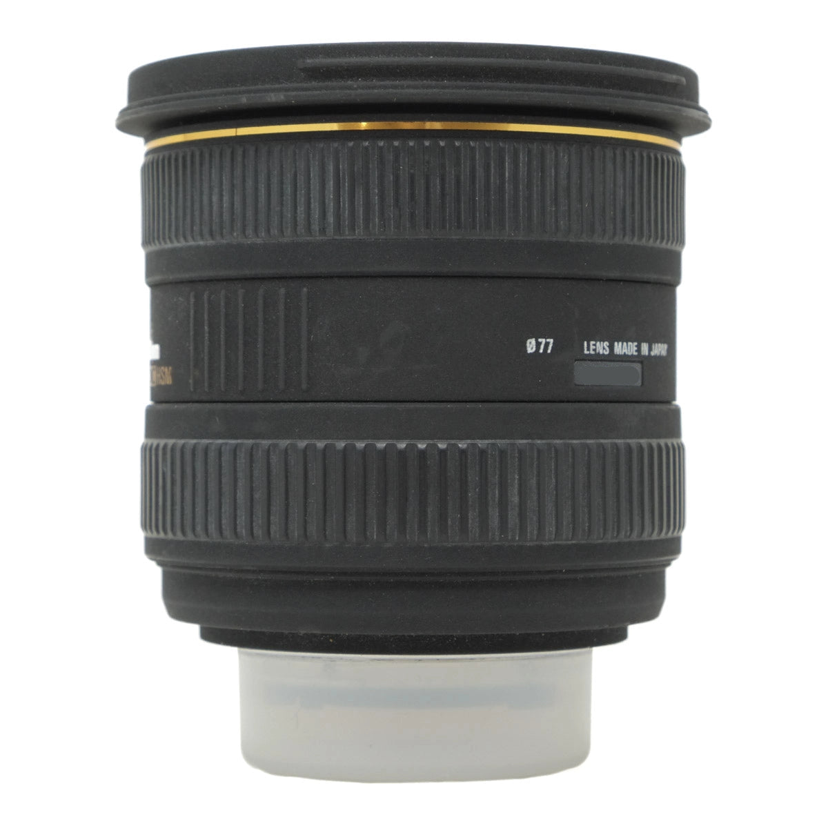 Camera lens with visible branding on a white background