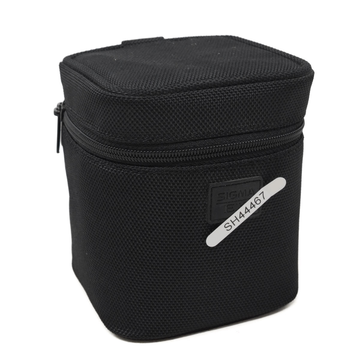 Black zippered bag with a visible brand logo on a white background